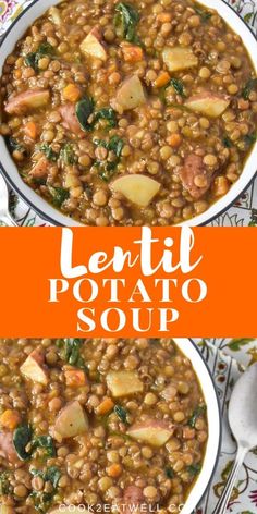 lentil potato soup in two white bowls with an orange border