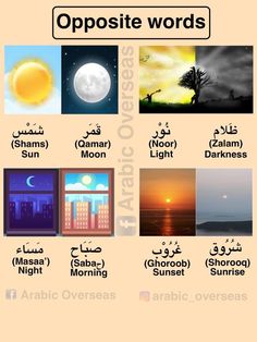 an arabic poster with different types of words and pictures on it, including the sun, moon