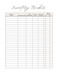 a printable inventory tracker is shown with the words, inventory trackers and other items