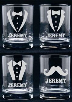 four personalized shot glasses with tuxedo and bow ties on them, all in different styles