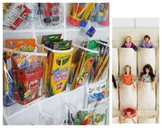 some plastic bags and pencils are hanging on the wall next to other school supplies