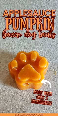 Bone shaped frozen dog treats with a text overlay that reads applesauce pumpkin frozen dog treats made with only 2 ingredients. Pumpkin Dog Treats Without Peanut Butter, Dog Treats Made With Pumpkin Puree, Applesauce For Dogs, Woof Pupsicle Recipes Pumpkin, Dog Safe Treats, No Peanut Butter Dog Treats, Homemade Dog Treats With Applesauce