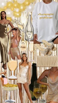 a collage of photos with champagne and women in gold dresses, wine glasses, champagne bottles