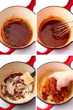 four pictures showing how to make the sauce for meatballs in a skillet and then adding spices