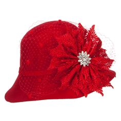 Flower Crystal Net Pom Wool ClocheMade of 100% wool.One size fits most women with an inner elastic adjustable tie, fitting up to 7 1/4.Fitted with an inner satin hatband.Adult/Woman.Crown measures 4 inches deep.Brim measures 3 - 3.5 inches long.Hand wash only.Imported. Fashionable wool felt cloche hat for ladies.Round and flexible crown.A big flower decoration with a small crystal flower inside is accented on one side.Decoration is detailed with a net and small poms.Slanted brim; side brim is sl Formal Wool Cloche Hat With Adjustable Fit, Formal Adjustable Wool Cloche Hat, Winter Party Wool Cloche Hat, Adjustable Evening Hats For Winter, Adjustable Winter Hats For Evening, Winter Formal Adjustable Cloche Hat, Red Formal Hat For Winter, Red Formal Winter Hat, Winter Formal Red Hat