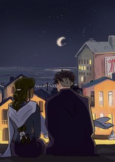 a man and woman sitting on top of a roof looking at the night sky with buildings in the background