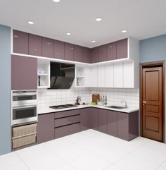 a kitchen with purple cabinets and white tile flooring is shown in this rendering image