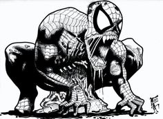 a black and white drawing of spider - man attacking an elephant with its mouth open