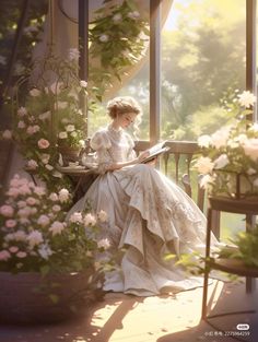 a woman sitting on top of a wooden bench next to flowers and holding a book