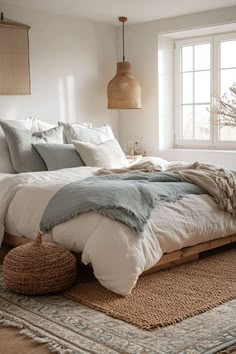 Layered rugs in light blue and brown tones adding texture to a cozy boho space. Taupe Blue Bedroom, Soft Blue Accent Wall, Bedding For Blue Room, Bedding Ideas Dorm, Coastal Modern Bedding, Modern Light Blue Bedroom, Cream Comforter Bedding Color Combos, Light Blue Neutral Bedroom, Pale Blue And Brown Bedroom