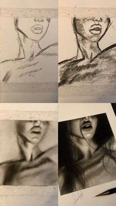 pencil drawings of different female faces and body shapes in various stages of drawing, with one woman's face partially obscured by the other