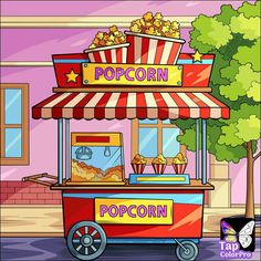 a popcorn stand in front of a pink building