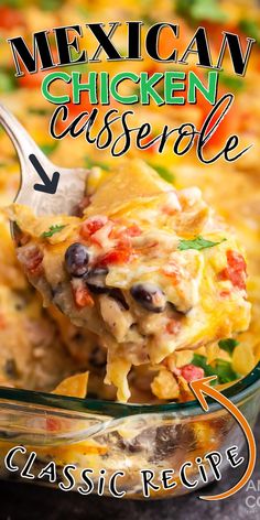 mexican chicken casserole recipe in a glass dish with a spoon