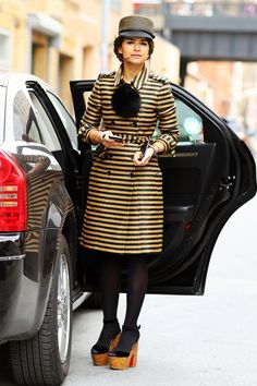 #FashionSnap #Fashion #NYC #Women #Girls #Streetshots #BURBERRY | Street snap in NYC!  | Model: MIROSLAVA DUMA | Hat: Striped EUGENIA KIM Hat | Coat: Matching Striped BURBERRY PRORSUM Coat with Black Poof | Shoes: Brown Platform Shoes | Photo By Phil Oh | More fashion styles are at https://www.facebook.com/fashionsnap2013 Mira Duma, Miroslava Duma, Burberry Prorsum, Casual Chic Style, Cool Street Fashion, Luxury Life