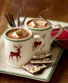 two cups of hot chocolate with marshmallows and cinnamon sticks on a plate