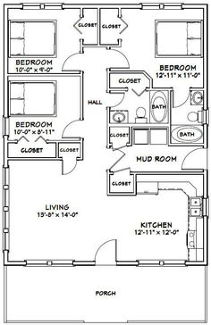 the floor plan for a two bedroom, one bathroom apartment with an attached kitchen and living room