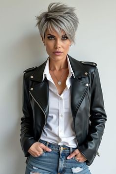 Short Pixie Haircuts With Long Bangs, Grey Bayalage Hair Short, Edgy Hair For Older Women, Hair For Women Over 50 Short, Graduated Lob Haircut, Short Choppy Pixie Haircut, Medium Hair With Short Layers, Women Over 50 Hairstyles Short, Dirty Blonde Pixie Cut