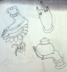 the drawing shows three different teapots with flowers on them, one has a pot and