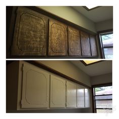 before and after shots of kitchen cabinets in the process of remodeling