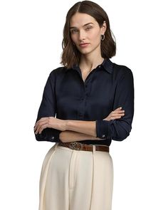 Women's LAUREN Ralph Lauren Classic Fit Satin Charmeuse Shirt | Zappos.com Elegant Silk Shirt For Workwear, Elegant Silk Shirt For Work, Timeless Business Casual Blouse With Button Closure, Elegant Semi-formal Blouse With Hidden Button Closure, Elegant Semi-formal Blouse With Button Closure, Timeless Office Blouse With Placket, Elegant Button-up Blouse With Hidden Closure, Elegant Workwear Tops With Button Closure, Elegant Silk Button-up Shirt