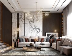 an elegant living room with marble walls and flooring