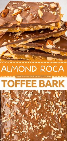 chocolate toffe bark with almonds on top and the words almond roca above it