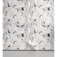 a wallpaper with birds and bamboo leaves on it, in grey tones against a white background