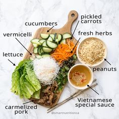 a cutting board topped with different types of food on top of a marble countertop