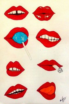 various images of red lips with white teeth and blue eyeliners, all drawn in different ways