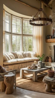 a living room filled with furniture and a fire place in front of a large window