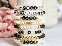 Black and White Accent Bracelets Personalized Name Bracelet - Etsy Black And White Clay Bead Bracelet, Black And White Bracelets, Stacked Beaded Bracelets, Homemade Bracelets, Finger Paint, Gray Bracelet, Polymer Beads, Jewellery Inspiration, White Bracelets