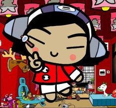 a cartoon character with headphones on standing in front of a red room filled with toys