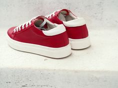 36 / 23.5 cm. (US 5 ) 37 / 24.5 cm.(US 6) 38 / 25.cm. (US 7) 39 / 25.5 cm.(US 8) 40 / 26.0 cm.(US 9) 41 / 27 cm (US 10) Red Sneakers With Leather Sole And Round Toe, Red Low-top Leather Sneakers, Red High-top Platform Sneakers With Vulcanized Sole, Red High-top Platform Sneakers With Rubber Sole, Red Low-top Platform Sneakers With Rubber Sole, Red Platform Sneakers With Red Sole, Red Custom Sneakers With Vulcanized Sole, Round Toe, Red Low-top Custom Sneakers With Vulcanized Sole, Loose Black Dress