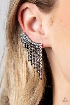 A tapered fringe of dainty gunmetal chains and glittery strands of white rhinestones cascades from the edge of a curving white rhinestone encrusted frame, creating an edgy centerpiece. Features a clip-on fitting at the top for a secure fit.

 Sold as one pair of ear crawlers. Tapered Fringe, Bedazzled Jewelry, Ear Crawler Earrings, Ear Crawlers, Crawlers Earrings, Sparkle Earrings, Jewelry Images, Paparazzi Accessories, White Rhinestone