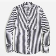 J. Crew Striped Pleat Front Ruffle Tuxedo Shirt, Size Xs In White Navy Ruffle Trim On Neck, Front Placket, And Cuffs. New With Tags Will Steam Before Shipping Tux Shirt, Black Watch Tartan, Tuxedo Shirt, Cool Buttons, Tuxedo Shirts, Cotton Poplin Shirt, Chambray Shirt, Crew Shirt, Poplin Shirt