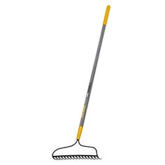 a long handled rake with yellow handle and black bristles on the tip, isolated against a white background