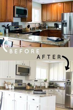 before and after pictures of a kitchen remodel with white cabinets, stainless steel appliances, and granite counter tops