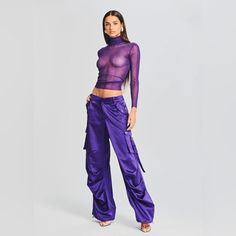 Nwt: Ser.O.Ya - Lai Satin Cargo Pant Sz: Xs - Violet Condition: New | Unopened Fitted Parachute Pants With Pockets For Night Out, Fitted High Waist Parachute Pants For Night Out, Fitted Wide Leg Cargo Pants For Party, Silver Jumpsuits, Crochet Jumpsuits, 2025 Mood, Halter Neck Jumpsuit, Jumpsuit And Blazer, Strapless Bustier