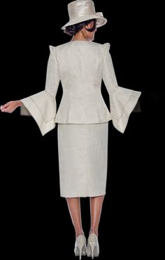 This elegant Champagne Three Piece Skirt Suit features a silver color palette and delicate flutter sleeves for a feminine touch. The set includes a floral pin and rhinestone broach, adding a sophisticated and eye-catching element. Perfect for formal occasions, this suit exudes style and grace. Elegant Fitted Party Sets, Elegant Party Sets, Silver Elegant Party Sets, Elegant Silver Party Sets, Elegant Skirt Suit For Party, Elegant Fitted Formal Skirt Suit, Elegant Fitted Skirt Suit For Formal Occasions, Fitted Silver Evening Sets, Fitted Silver Sets For Evening