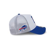 The Buffalo Bills City Originals 9FORTY A-Frame Snapback features an embroidered throwback Bills logo at the front panels with an alternate team logo at the right-wear side. Additional details include a snapback closure at the rear and a blue undervisor. White Trucker Hat With Embroidered Logo For Game Day, White Trucker Hat With Logo Patch For Sports, White Trucker Hat With Embroidered Logo For Sports Events, White Sports Hat With Letter Patch, White Throwback Snapback Hat For Sports, Sporty Trucker Hat With Team Logo For Fans, White Throwback Baseball Cap For Sports Events, White Baseball Cap With Curved Visor For Fans, Sporty White Trucker Hat For Fans