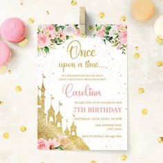 a pink and gold princess birthday party with cupcakes