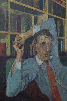 a painting of a man sitting in front of a bookshelf with his hands on his head