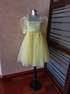 Pale Yellow Tulle Dress/ Yellow Tulle Dress/ Custom Made Tulle Dress/ Short Tulle Dress with Elastics on Bust and Backside/ Tulle Mini Dress Yellow Tulle Dress With Fitted Bodice, Summer Short Sleeve Tulle Dresses, Summer Dress With Tulle Skirt And Fitted Bodice, Yellow Tulle Dress For Spring, Spring Yellow Tulle Dress, Fitted Short Sleeve Tutu Dress For Summer, Yellow Fitted Tulle Dress, Yellow Tulle Evening Dress, Short Sleeve Tulle Skirt Party Dress