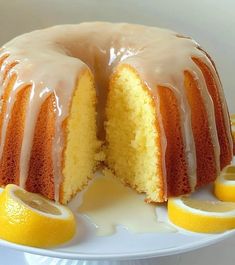 a lemon bunt cake with one slice cut out