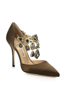 Manolo Blahnik Pumps, Jeweled Heels, Jeweled Shoes, Strappy Pumps, Manolo Blahnik Heels, Satin Shoes, Strappy Shoes, Manolo Blahnik Shoes, Strap Shoes