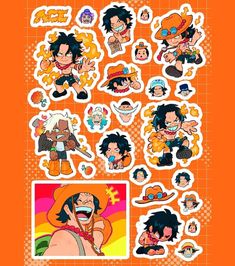 an orange background with various stickers and pictures on the back of it, including cartoon characters