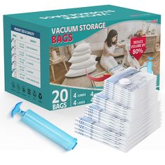 a stack of 20 vacuum storage bags in front of a box