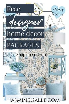 blue and white living room with text overlay that reads learn to decorate using color schemes