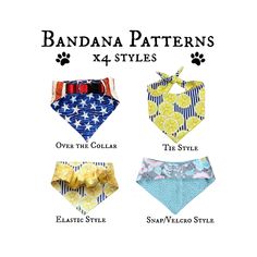 the bandana patterns for dogs are available in four different styles and sizes, including one with