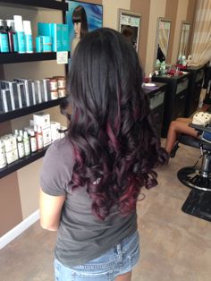 Burgundy peek a boo highlights ! Loveee Peek A Boo Highlights Brunette, Burgundy Highlights On Dark Hair Curly, Burgundy Underneath Hair, Peak A Boo Highlights Brunettes, Dark Hair With Peekaboo Highlights, Burgundy Peekaboo Hair, Burgundy Streaks, Burnette Hair, Peek A Boo Highlights